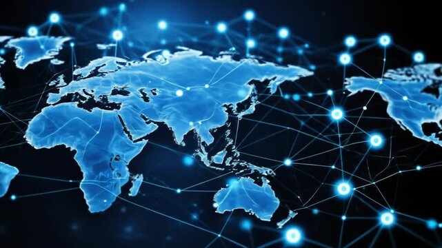 A global digital communications network with a blue technology interface representing connections and businesses around the world. 4k video - Powered by Adobe