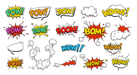 Colorful comic book sound effects and speech bubbles collection featuring POW BOOM WOW exclamations.
