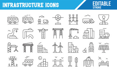 Infrastructure Line Icons Collection – Energy, Transport, and Construction Sites