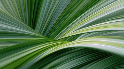 A close up of the green and white stripes on palm leaves, with motion blur creating an abstract background. 