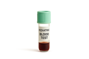 Pediatric blood test vial with green cap on gray background, blood test with vial and transparent background