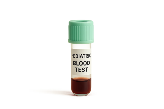 Pediatric blood test vial with green cap on gray background, blood test with vial and transparent background