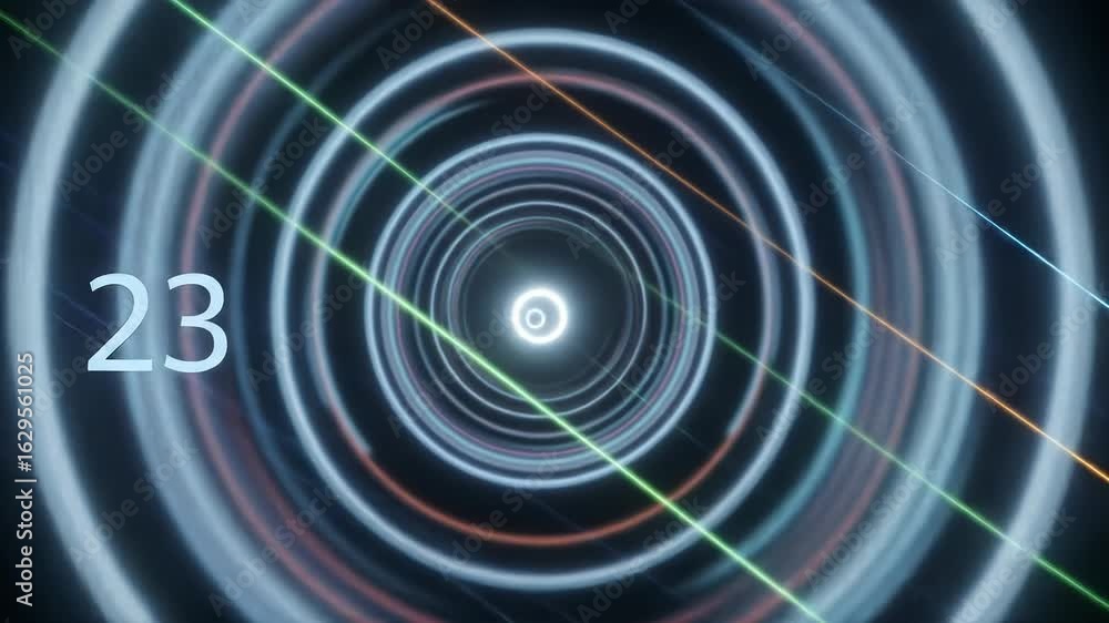 Poster digital tunnel with glowing rings and diagonal lines displaying number 23 in futuristic abstract des