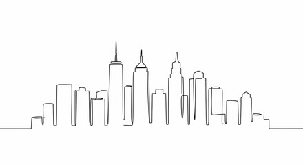 Obraz premium Continuous Line Art Drawing of a Modern City Skyline with Varied Skyscraper Silhouettes.