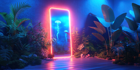 Neon Portal in Tropical Garden with Jellyfish