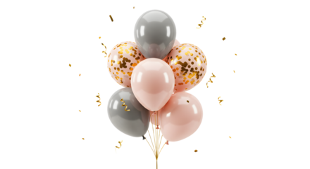 Elegant pink and gray balloons with gold confetti floating in the air, festive decoration for celebrations and parties