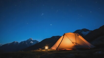 A warmly lit tent under a starry night sky with mountainous backdrop