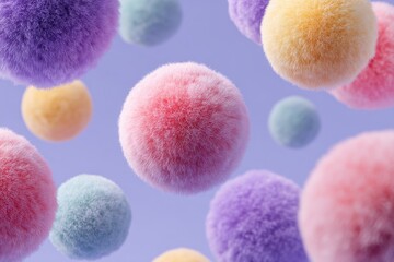 A floating, close up view of colorful, soft, fluffy, round organisms in the air against a light purple background, in the style of product photography.