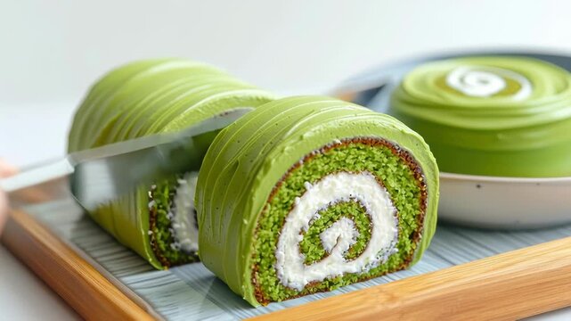 A vibrant green matcha roll cake with a creamy filling, elegantly presented on a wooden tray, showcasing its spiral design.