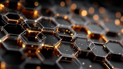 Futuristic glowing hexagonal grid with abstract metallic texture and lights.