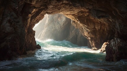 A cave opening reveals a sunlit ocean scene; waves crash as the sunlight bathes the scene with brightness