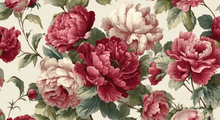 A vintage wallpaper pattern with large, detailed pink and red peonies on an off-white background, creating a classic Victorian feel.
