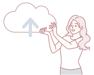 A woman joyfully engaging with a cloud symbol, which signifies data upload, technology, and connectivity