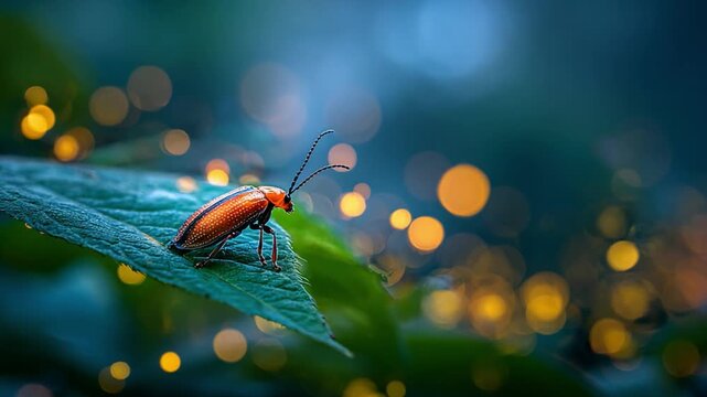 Close-Up of a Vibrant Insect on a Leaf with Bokeh Background in Nature During Golden Hour