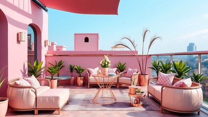 Fashionable terrace setup, pastel pink and metallic rose gold palette, ultra-luxurious vibe