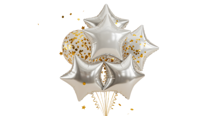 Silver star-shaped balloons with gold confetti floating bunch for celebrations and party decoration