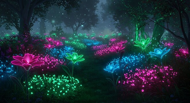 幻想的な森 道照らす蛍光花 幻想的 光輝く夜 (Gensou teki mori michi terasu keikōka gensou teki hikari kagayaku yoru) Translation: Fantastic forest, glowing fluorescent flowers light the path, fantastic, shining night.