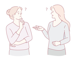 An illustration of two women in a thoughtful discussion, showing curiosity and contemplation in their expressions