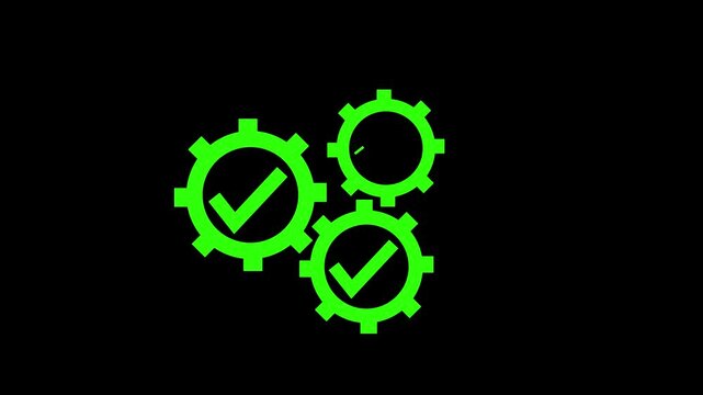 green color 3 Check mark and gears icon animation on black background .