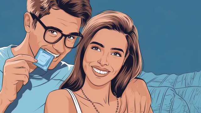 Man and woman promoting safe sex with a condom, showing family planning and awareness concept on blue background. Happy couple. Animation.