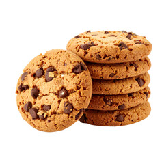 A stack of golden-brown chocolate chip cookies, showcasing their chewy texture and rich chocolate pieces.