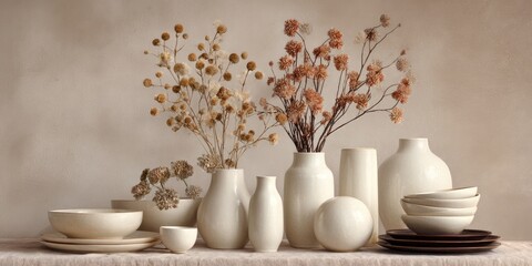 Neutral-toned tableware and dried flowers on a linen surface