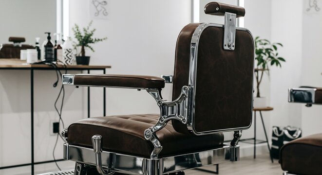 Fauteuil barbier vintage cuir brun lumineux salon moderne �l�gant. AI Generated