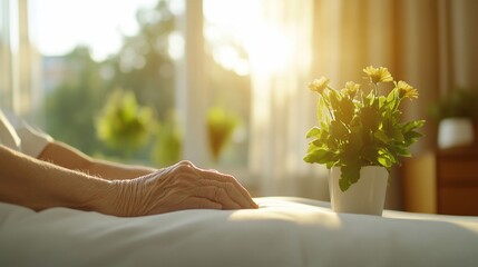 Elderly woman's hands resting on bed, flowers nearby, sunlit room.