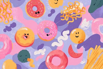 Abstract cute food icons like floating donuts, wiggly noodles, and smiling fruit in dreamy minimal style