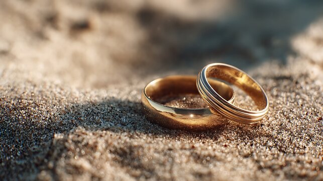 Golden wedding rings resting in soft sand with gentle sunlight romantic beach atmosphere peaceful natural background - Powered by Adobe