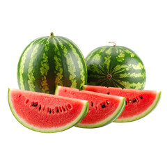 Fresh, ripe watermelons with vibrant green stripes, accompanied by juicy, red slices showcasing black seeds.