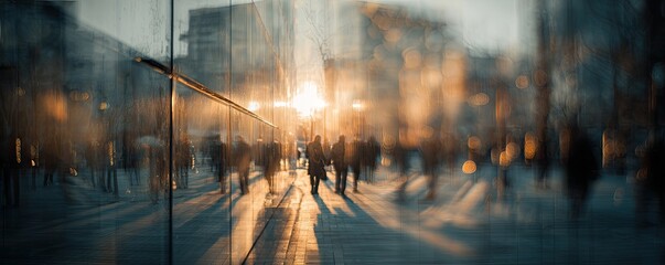 Cityscape at dawn, blurred figures walking on a street reflected on a modern building facade