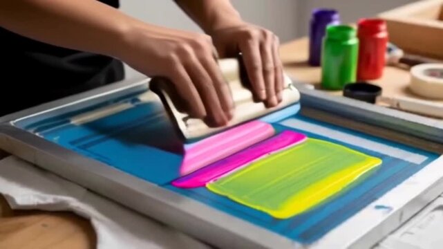 Hands using squeegee to print colorful abstract pattern on fabric
