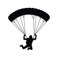 Silhouette of a skydiver descending with open parachute isolated on white background