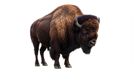Fototapeta premium 雄大なバイソン 白背景 強靭な体格 力強い視線. AI Generated