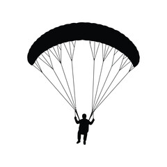 Silhouette of a skydiver with a parachute deployed descending against a white background isolated on white background