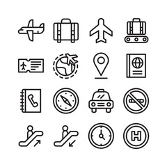 Airport vector line icon set. line icons of planes, arrivals, departures, suitcases, stairs, Wifi, Bags, Terminals, toilets, cafes, parking, smoking, prohibitions etc.