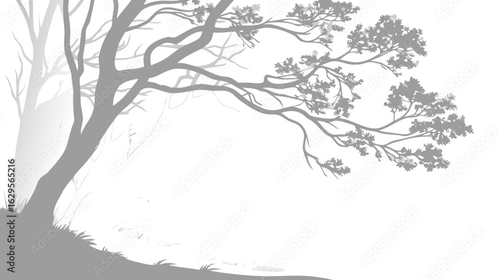 Poster illustration of a grayscale tree with branches extending across a misty white background scene view
