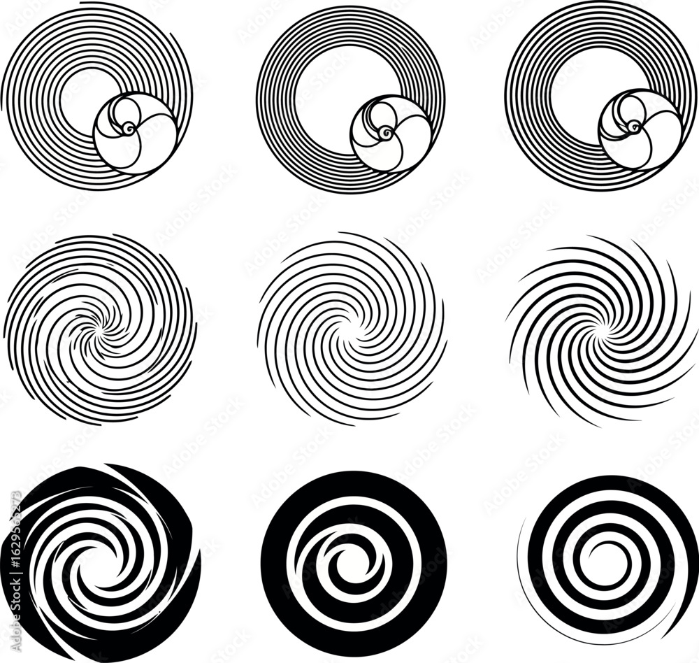 Poster vector art of collection of nine abstract spiral and vortex patterns in black and white, isolated on