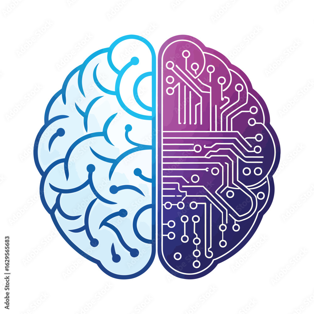 Poster brain with circuit: this stylized graphic portrays a conceptual fusion of the human brain and circui