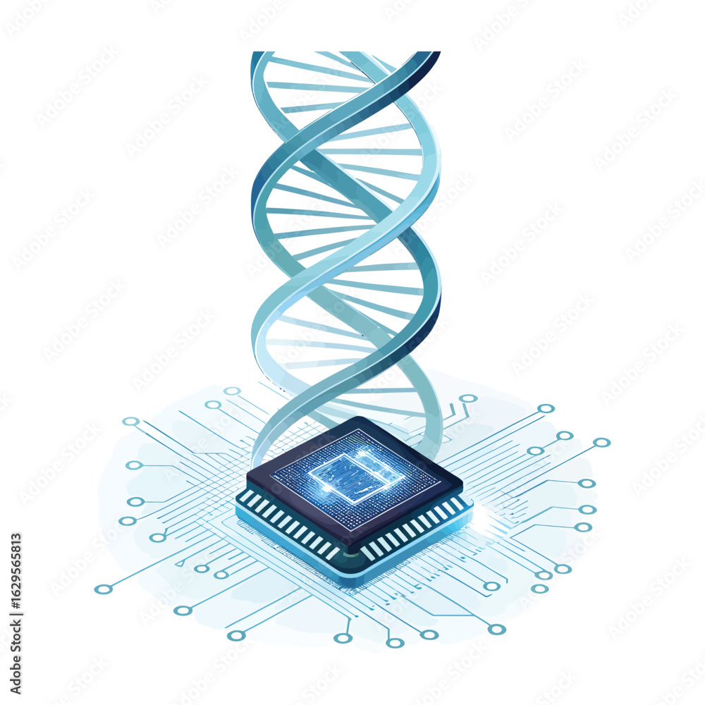 Poster dna and computer chip: a conceptual illustration, the double helix of dna merges with the intricate 