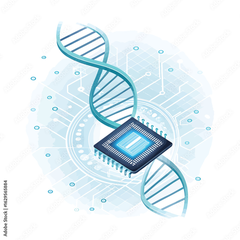 Poster digital dna fusion: a cutting-edge digital illustration of a dna strand intertwined with a high-tech