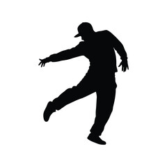 Silhouette of a hip hop dancer performing a dynamic pose isolated on white background