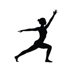 Silhouette of a woman performing a yoga warrior pose isolated on white background