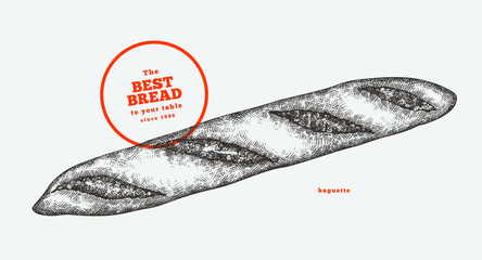 Hand Drawn Vector Baguette Illustration. Not AI Generated. Retro Bakery Isolated Image. Old School Bread Food © lubovchipurko