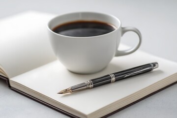 simple notebook pen coffee cup flatlay minimal aesthetic  
