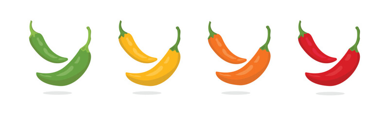 Chili peppers collection. green, yellow, orange, and red chili. Hot yellow, red, green chili peppers Vector illustration.