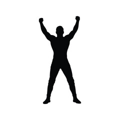 Silhouette of a muscular man with arms raised in victory isolated on white background