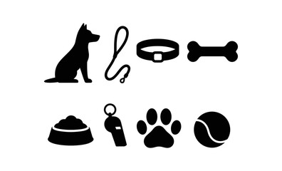 Comprehensive dog care kit: silhouette icons of leash, collar, toy, paw, and more
