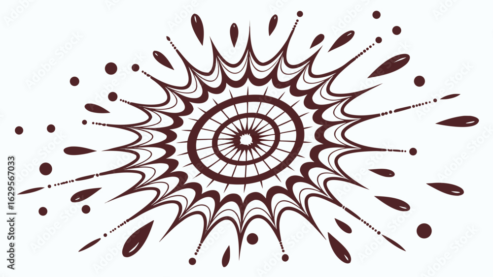 Poster a circular burst pattern with concentric circles and radiating lines and droplets in brown color sch